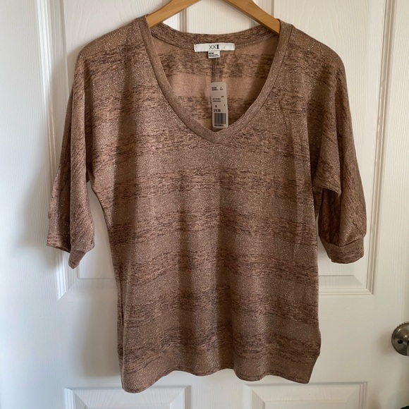 NWT Women’s Forever 21 sheer glittery V Neck top in Bronze size M - Picture 2 of 9